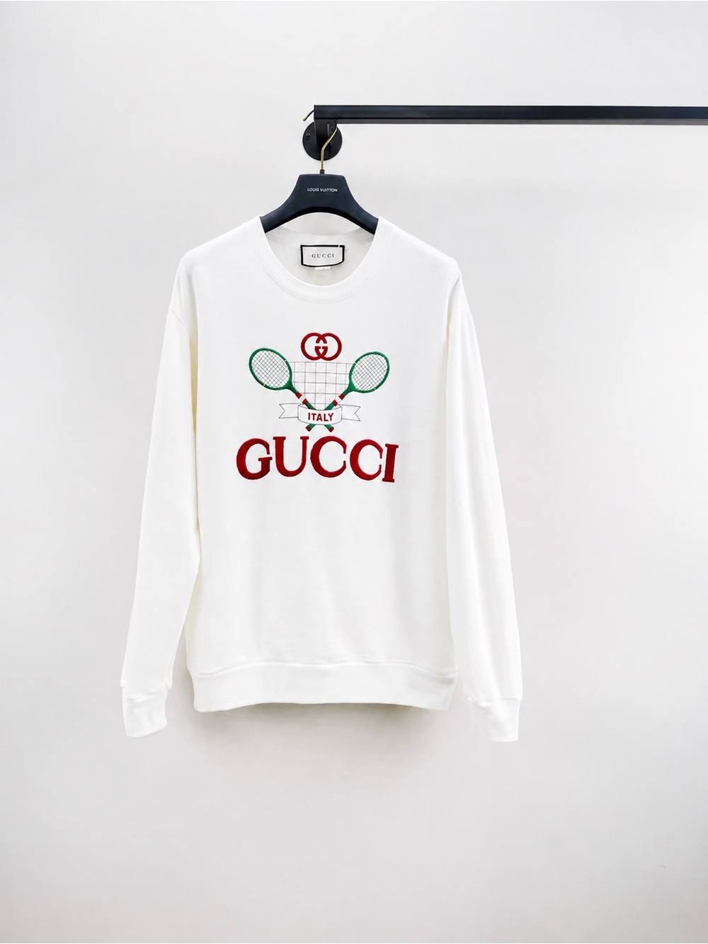 Gucci White Crewneck Sweatshirt with Red Logo and Green Tennis Motif